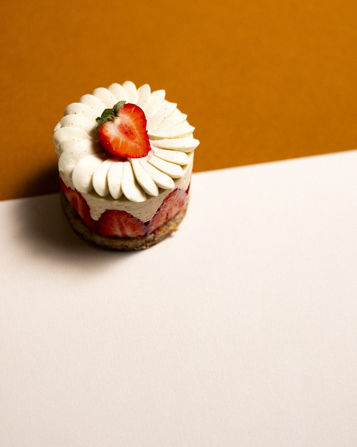 Fraisier végétal entier, fraises fraîches et crème vanillée sur fond orangé